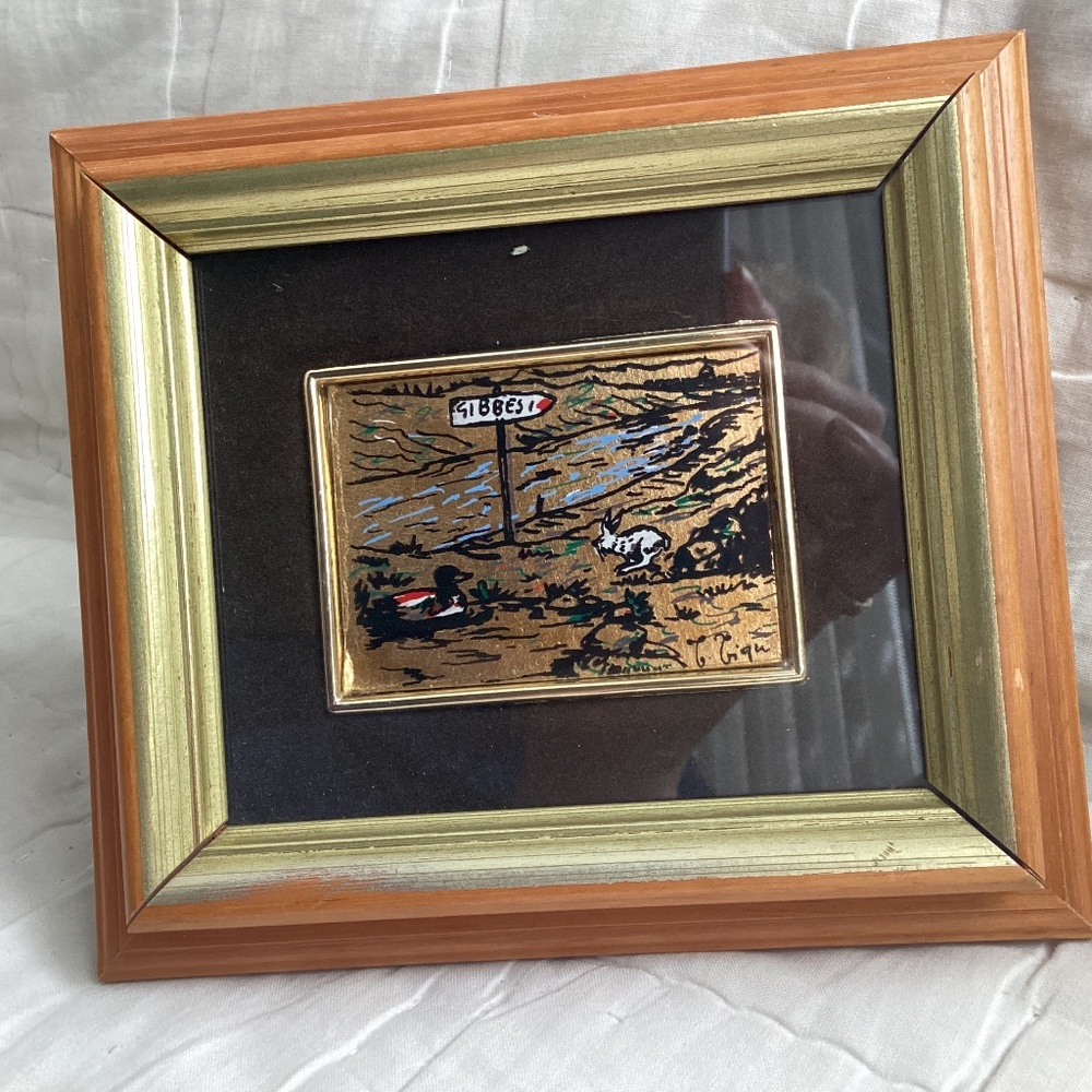VINTAGE ITALIAN FRAMED MINIATURE GOLD LEAF FOIL CHROMOLITHOGRAPHY OF A FIELD